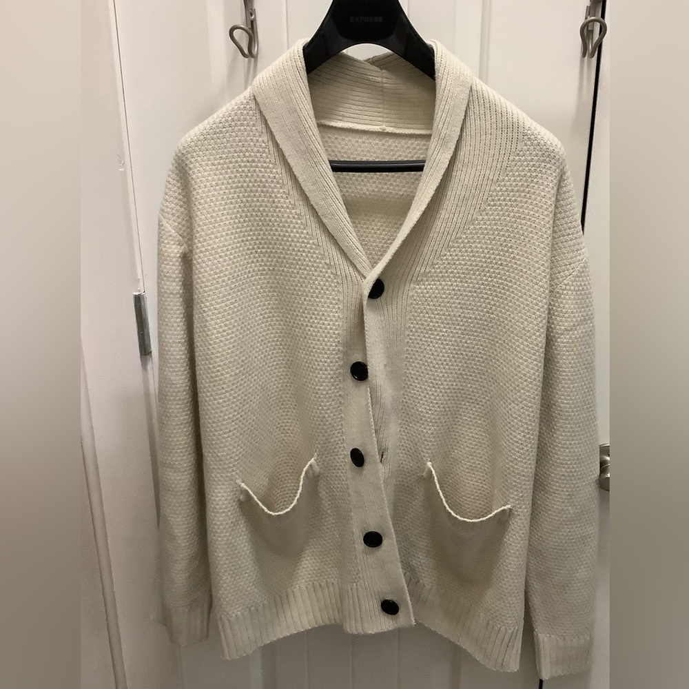 Cream Shawl Collar Cardigan with Black Buttons
